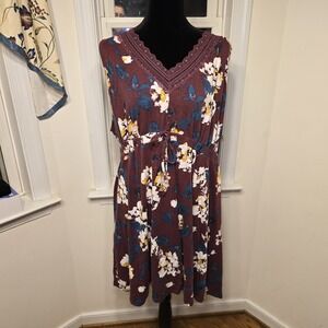 Cacique Sleep Burgundy Floral Crochet‎ Trim V Neck Sleeveless Tie Waist Sz 26